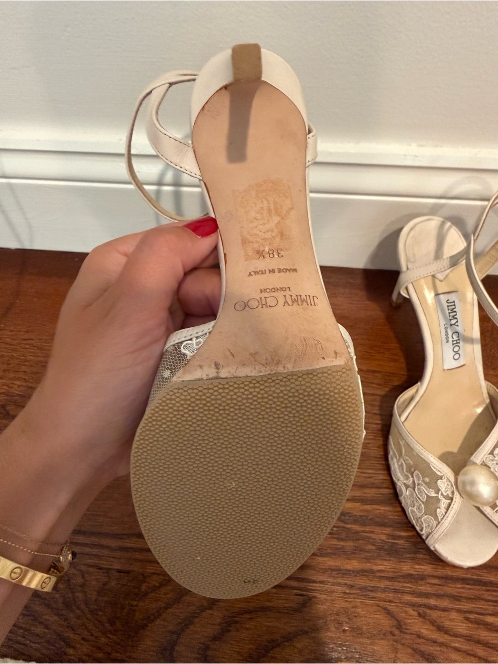Jimmy Choo Sacora 85 MM Ivory Lace Peep-Toe Ankle Strap Heels with Pearl - Picture 12 of 16